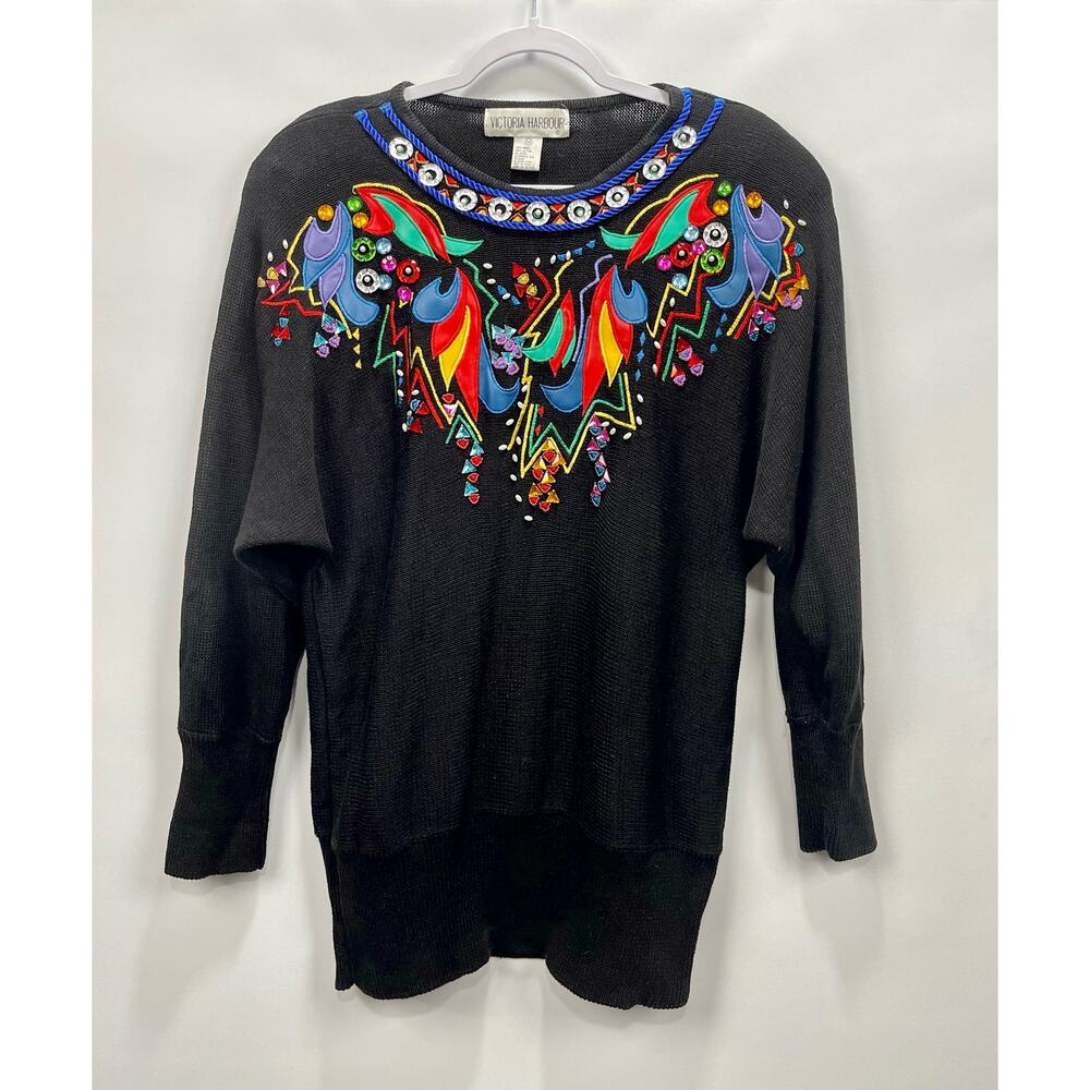Vintage Victoria Harbour Black Colorful Beaded &‎ Embroidered Sweater